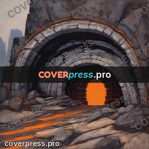 Dark fantasy illustration: arch with fire beyond it