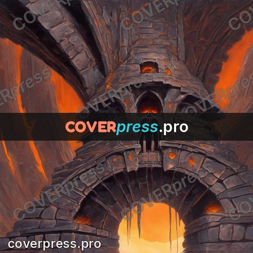 Dark fantasy illustration: arch with fire beyond it