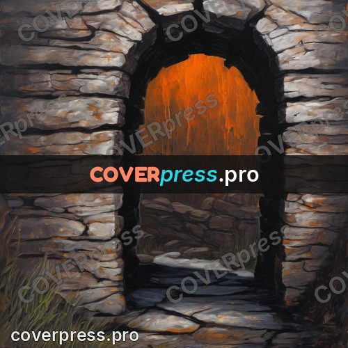 Dark fantasy illustration: arch with fire beyond it