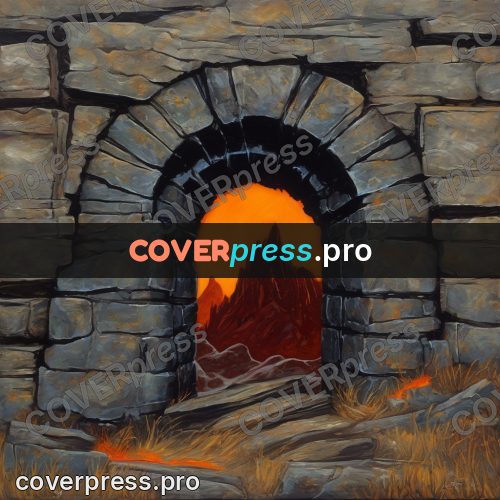 Dark fantasy illustration: arch with fire beyond it
