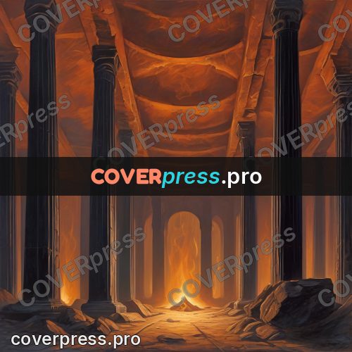 Dark fantasy illustration: underground hall with columns