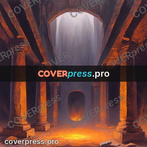 Dark fantasy illustration: underground hall with columns