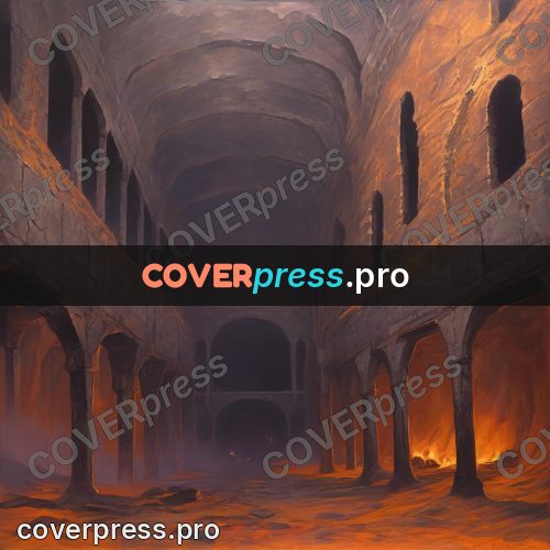 Dark fantasy illustration: underground hall with columns