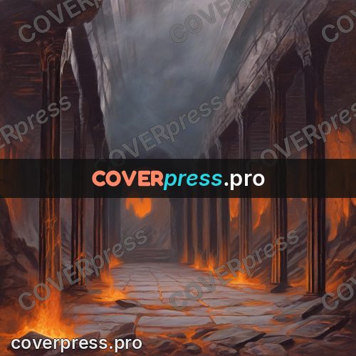 Dark fantasy illustration: underground hall with columns
