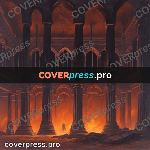 Dark fantasy illustration: underground hall with columns