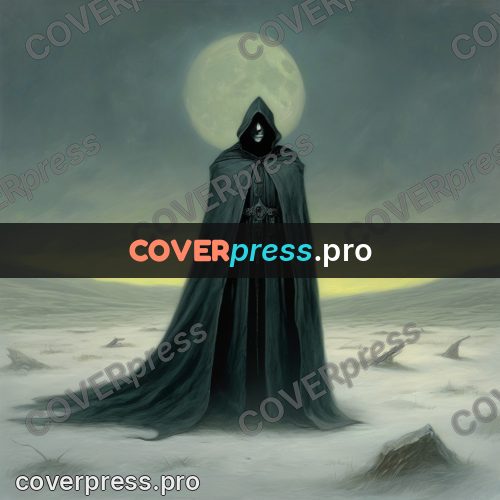 Dark fantasy illustration: cloaked figure under a full moon