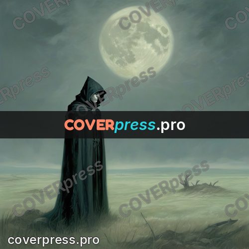 Dark fantasy illustration: cloaked figure under a full moon