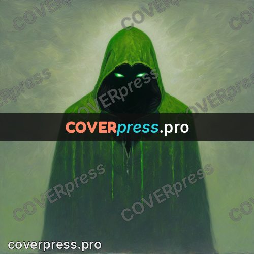 Dark fantasy illustration: green hood with glowing eyes