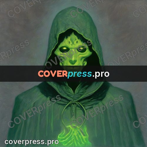 Dark fantasy illustration: green hood with glowing eyes