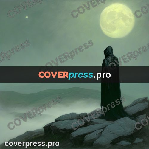 Dark fantasy illustration: cloaked silhouette on a ridge