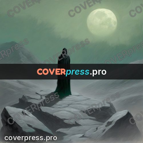 Dark fantasy illustration: cloaked silhouette on a ridge