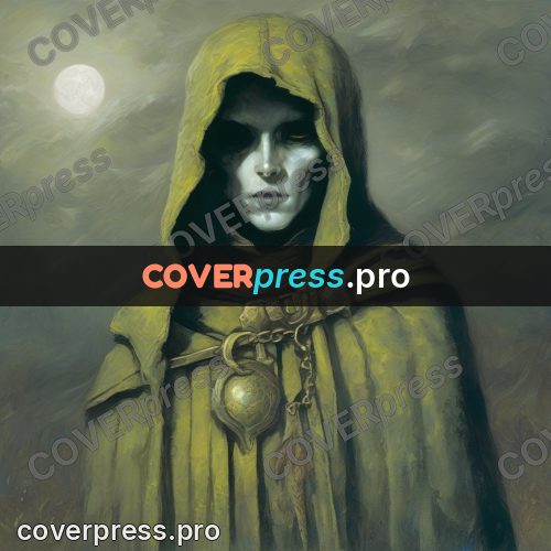 Dark fantasy illustration: head in a yellow hood