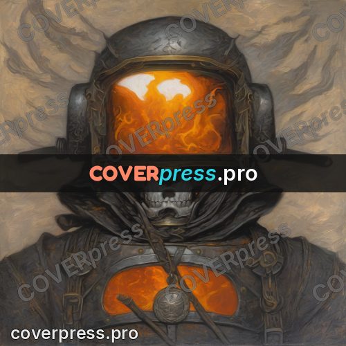 Dark fantasy illustration: helmet with a skull in fire