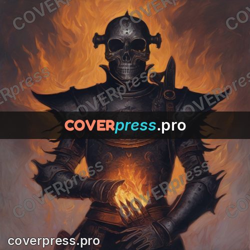 Dark fantasy illustration: helmet with a skull in fire