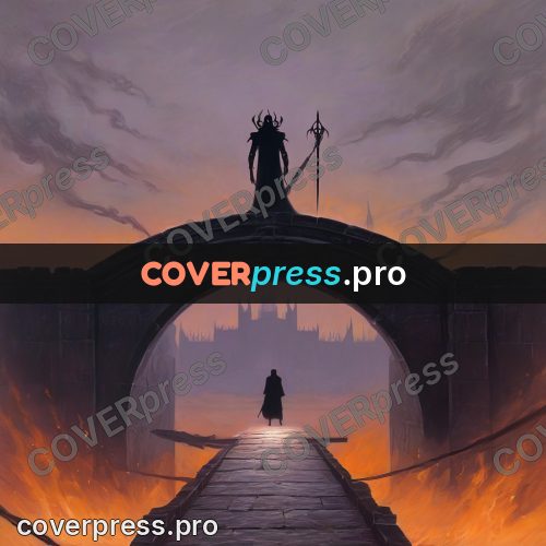 Dark fantasy illustration: armoured figure on a bridge