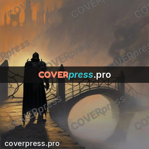 Dark fantasy illustration: armoured figure on a bridge
