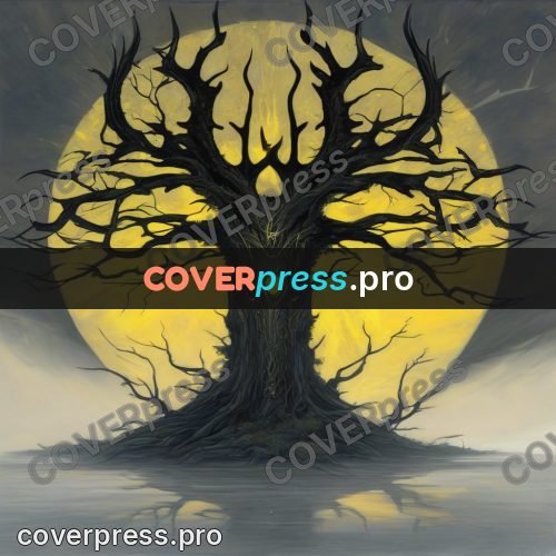 Dark fantasy illustration: dry tree against the sun