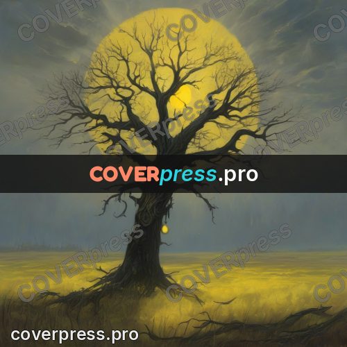 Dark fantasy illustration: dry tree against the sun