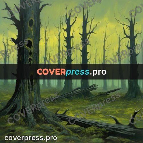 Dark fantasy illustration: dead forest with bare trunks