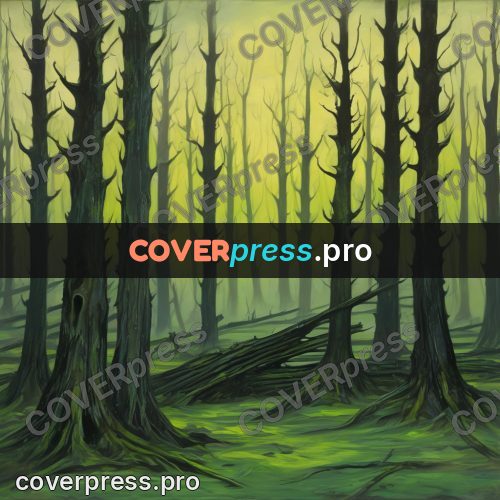 Dark fantasy illustration: dead forest with bare trunks