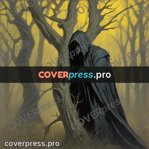 Dark fantasy illustration: cloaked figure by a dry trunk