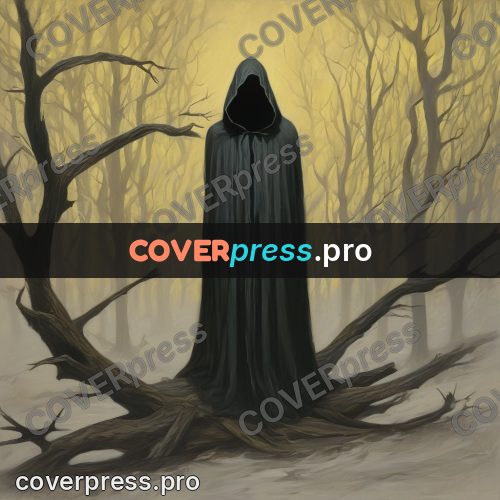 Dark fantasy illustration: cloaked figure by a dry trunk