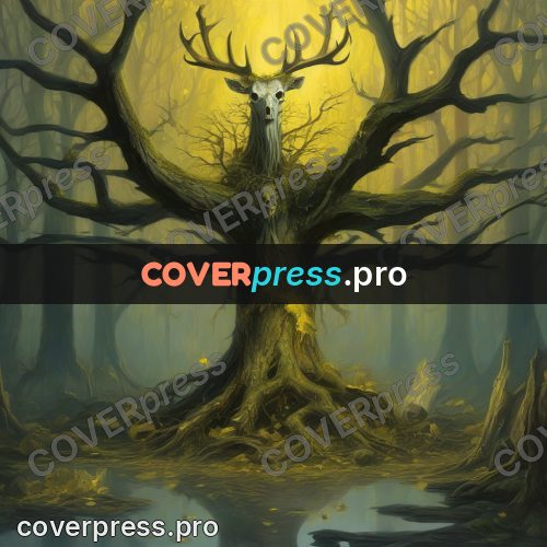 Dark fantasy illustration: tree with a deer skull