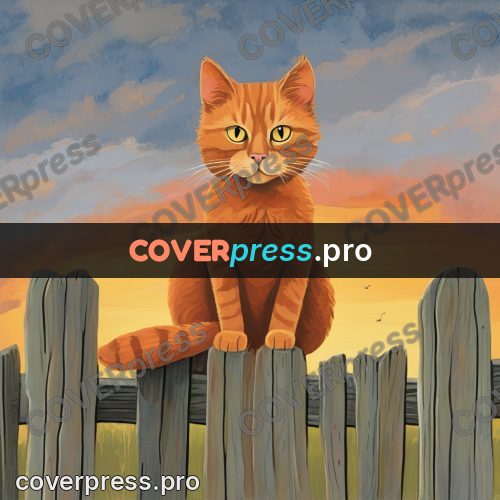 Gouache illustration: ginger cat on a fence