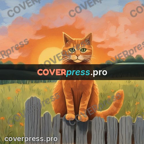 Gouache illustration: ginger cat on a fence
