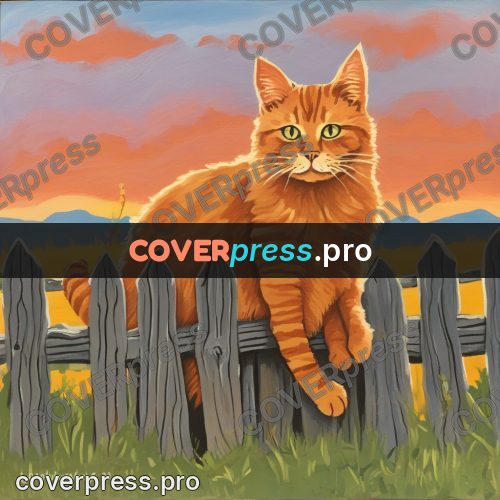 Gouache illustration: ginger cat on a fence