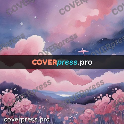 Gouache illustration: pink clouds over a flower field