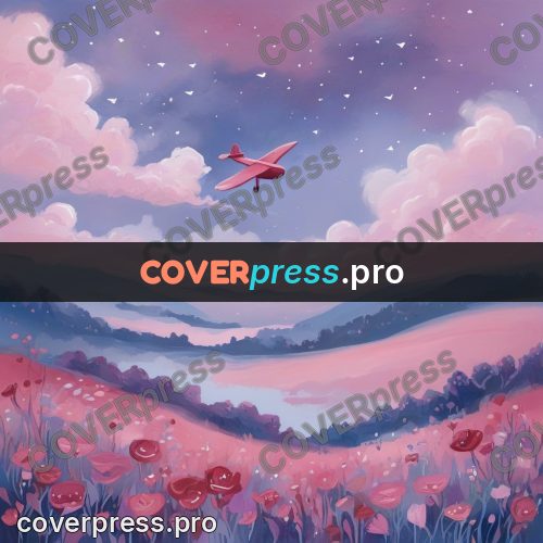 Gouache illustration: pink clouds over a flower field