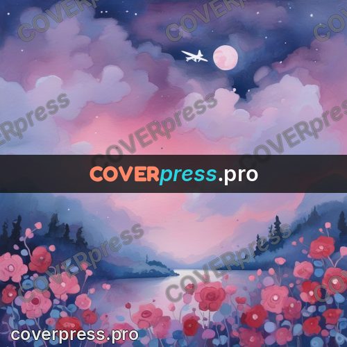 Gouache illustration: pink clouds over a flower field