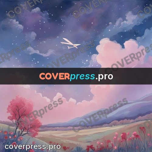 Gouache illustration: pink clouds over a flower field