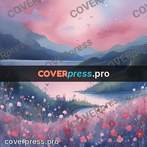 Gouache illustration: pink clouds over a flower field
