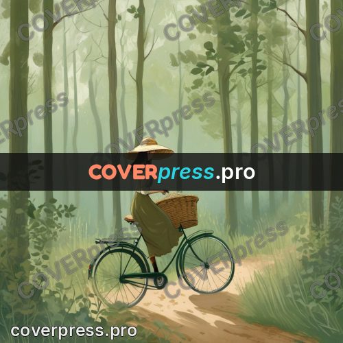 Gouache illustration: woman cycling through a wood