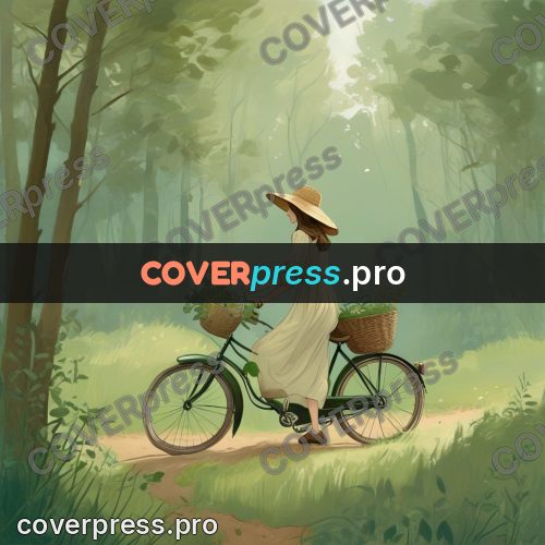 Gouache illustration: woman cycling through a wood