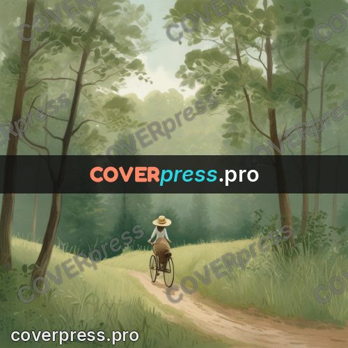 Gouache illustration: woman cycling through a wood