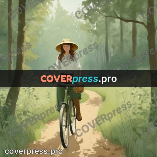 Gouache illustration: woman cycling through a wood