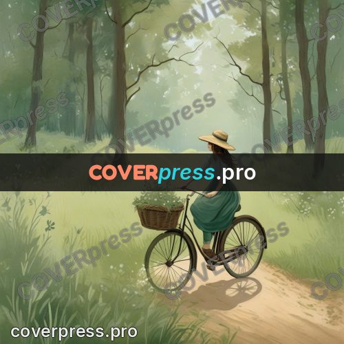 Gouache illustration: woman cycling through a wood