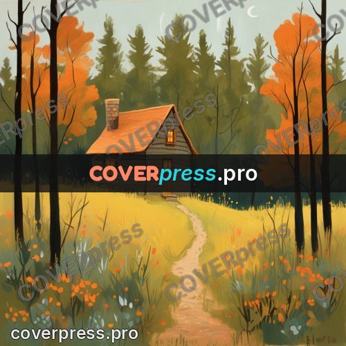 Gouache illustration: forest house with lit windows