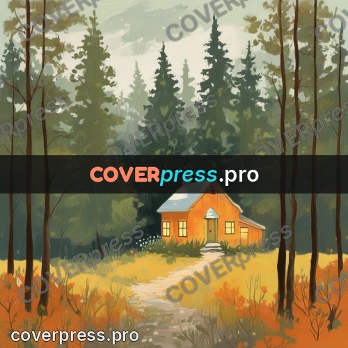 Gouache illustration: forest house with lit windows