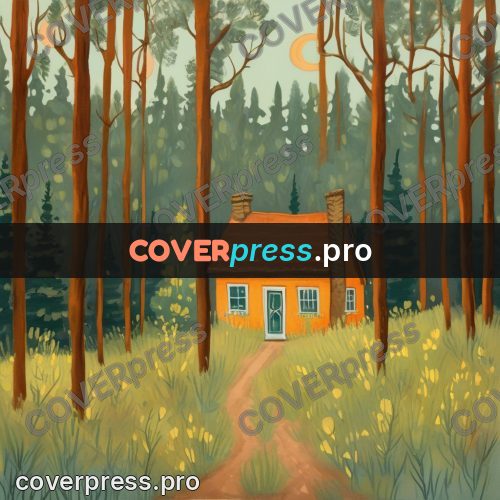 Gouache illustration: forest house with lit windows