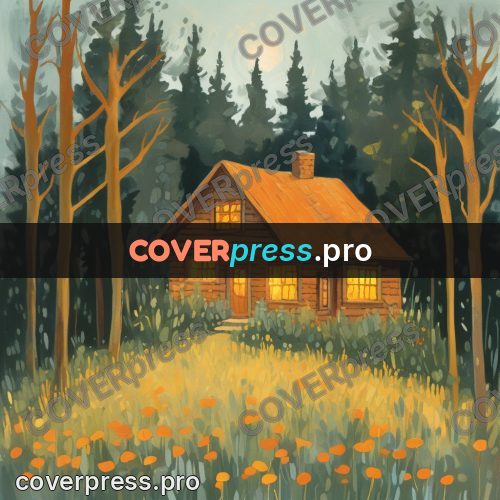 Gouache illustration: forest house with lit windows