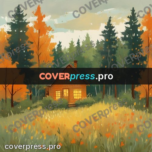 Gouache illustration: forest house with lit windows