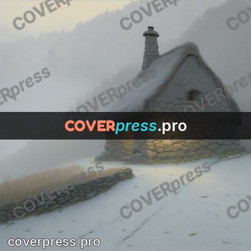 Gouache illustration: stone cottage in fog