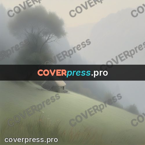 Gouache illustration: stone cottage in fog