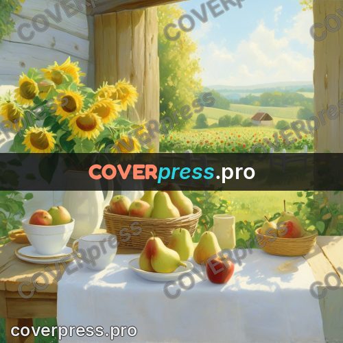 Gouache illustration: table of fruit by a window
