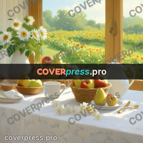 Gouache illustration: table of fruit by a window