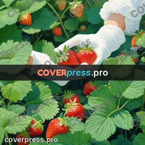 Gouache illustration: hands picking strawberries